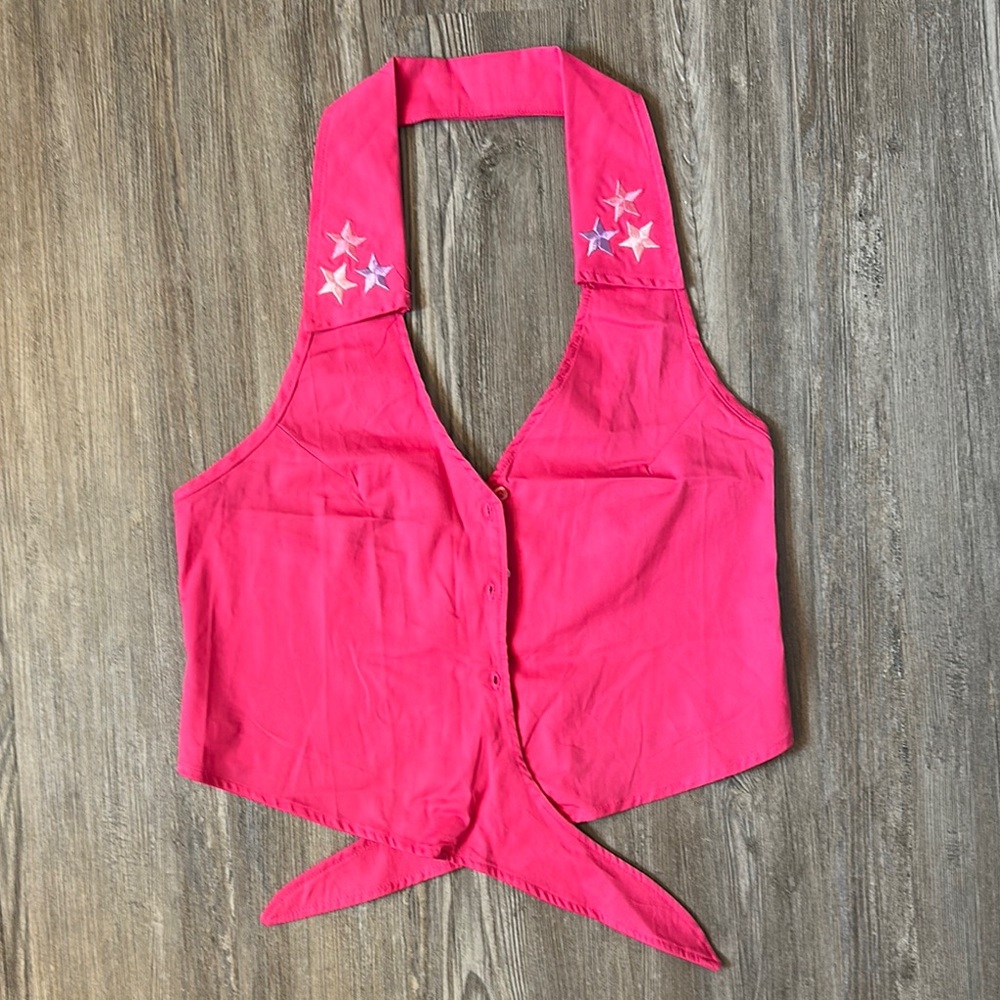 Pink Halter Vest with Star Embroidery